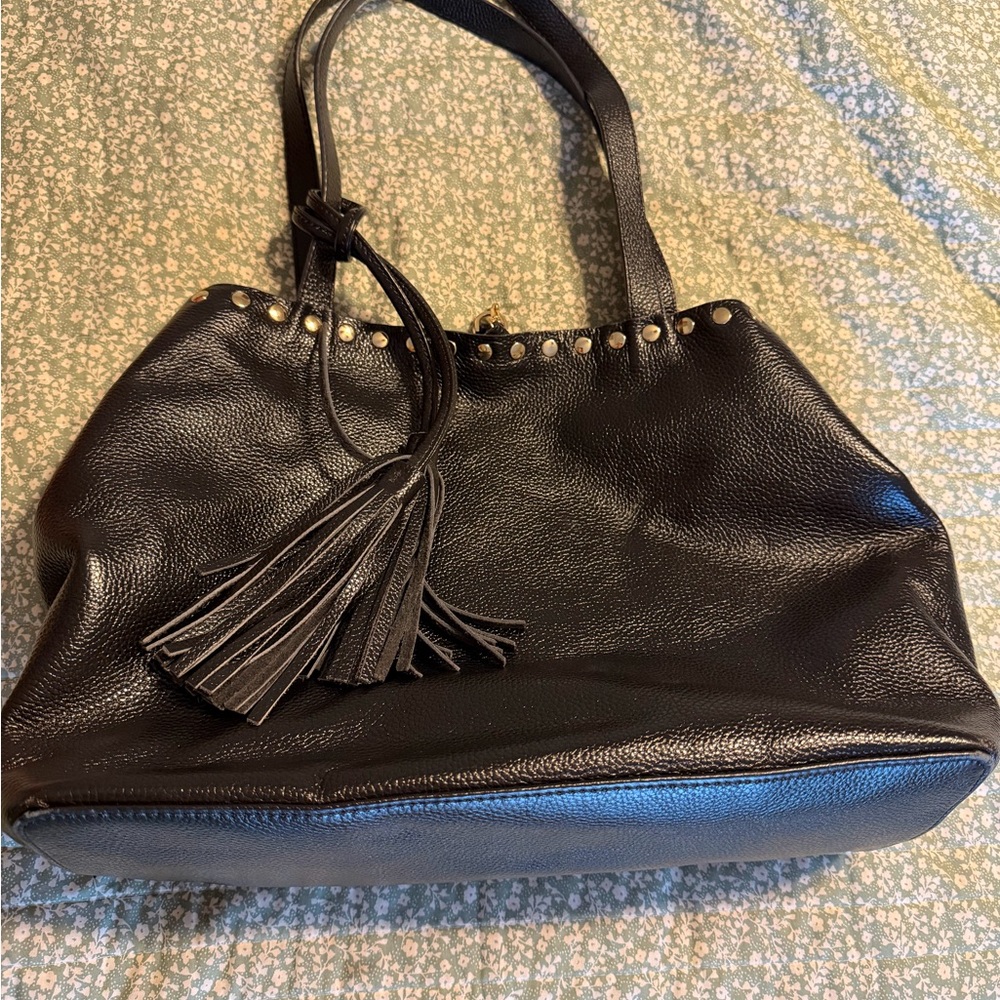 LAGGO Black Leather Tassel Tote Bag with Stud Trim